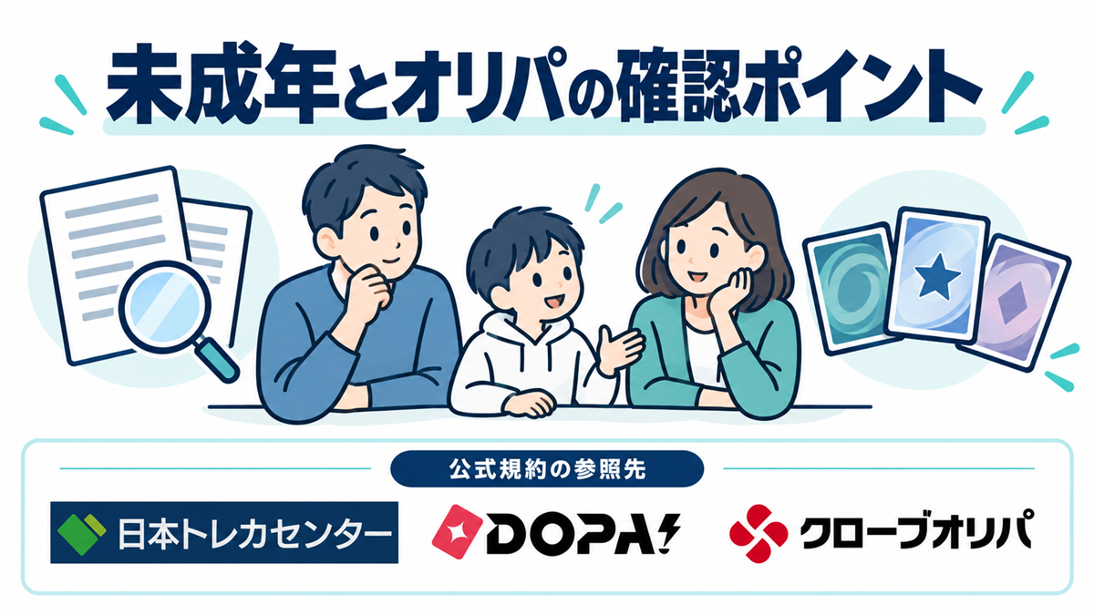 未成年とオリパの確認ポイント。公式規約の参照先として日本トレカセンター・DOPA!・クローブオリパのロゴを掲載