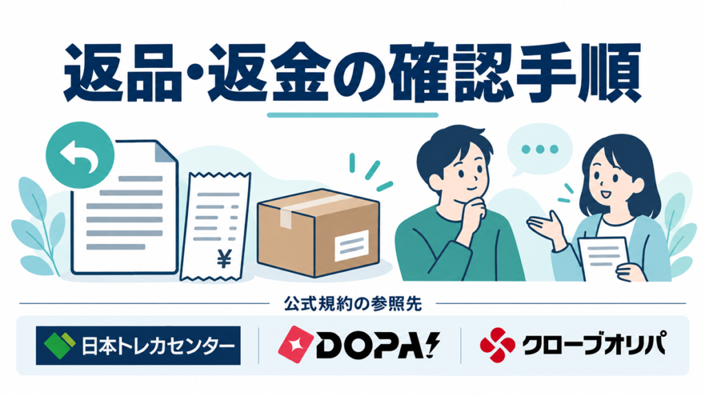 返品・返金の確認手順。公式規約の参照先として日本トレカセンター・DOPA!・クローブオリパのロゴを掲載