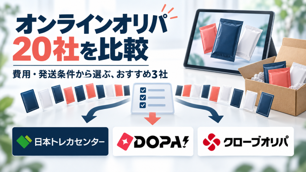 オンラインオリパ20社の比較とおすすめ3社。日本トレカセンター、DOPA!、クローブオリパのロゴ付き