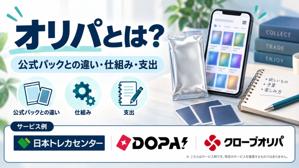 オリパとは？。日本トレカセンター・DOPA!・クローブオリパの公式ロゴを参照した比較記事用画像
