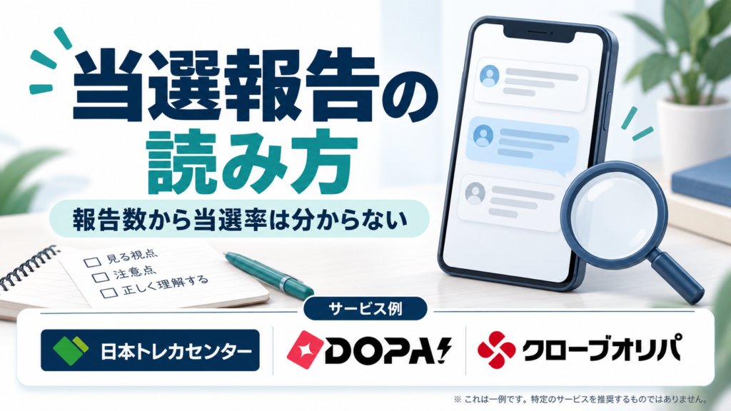 当選報告の読み方。サービス例として日本トレカセンター・DOPA!・クローブオリパのロゴを掲載した記事解説画像