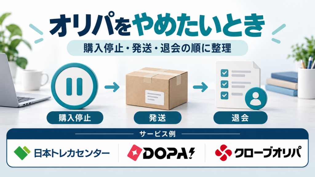 オリパをやめたいとき。サービス例として日本トレカセンター・DOPA!・クローブオリパのロゴを掲載した記事解説画像