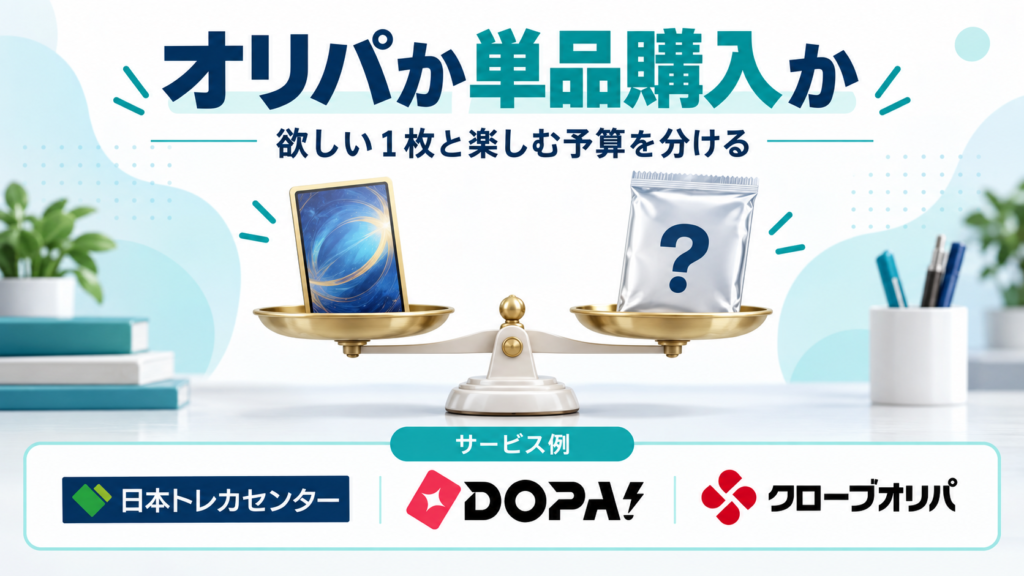オリパか単品購入か。サービス例として日本トレカセンター・DOPA!・クローブオリパのロゴを掲載した記事解説画像