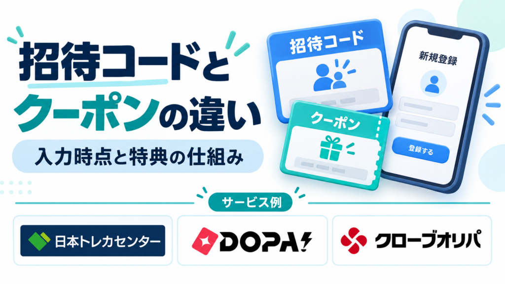 招待コードとクーポンの違い。サービス例として日本トレカセンター・DOPA!・クローブオリパのロゴを掲載した記事解説画像