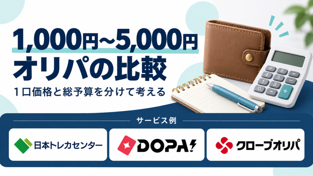 1,000円〜5,000円オリパの比較。サービス例として日本トレカセンター・DOPA!・クローブオリパのロゴを掲載した記事解説画像