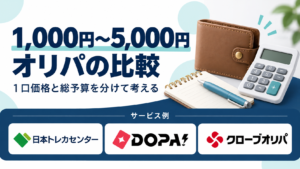 1,000円〜5,000円オリパの比較。サービス例として日本トレカセンター・DOPA!・クローブオリパのロゴを掲載した記事解説画像