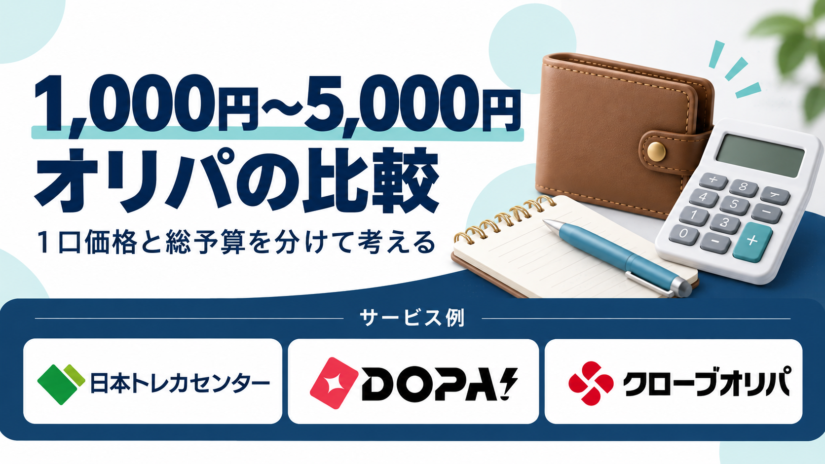 1,000円〜5,000円オリパの比較。サービス例として日本トレカセンター・DOPA!・クローブオリパのロゴを掲載した記事解説画像