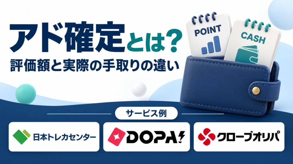 アド確定とは？。サービス例として日本トレカセンター・DOPA!・クローブオリパのロゴを掲載した記事解説画像