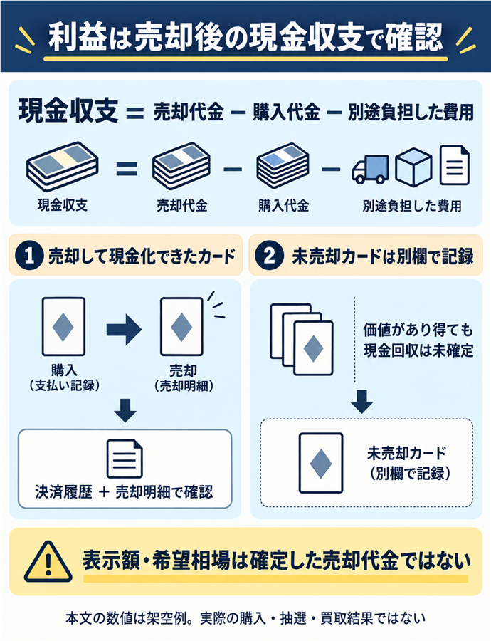 利益は売却後の現金収支で確認。利益は売却後の現金収支で確認／現金収支 ＝ 売却代金 − 購入代金 − 別途負担した費用／表示額・希望相場は確定した売却代金ではない／未売却カードは別欄で記録／価値があり得ても現金回収は未確定／決済履歴 ＋ 売却明細で確認／本文の数値は架空例。実際の購入・抽選・買取結果ではない。現行N022本文の仕組みを図解。