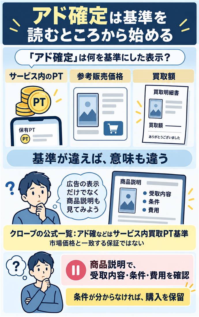 アド確定は基準を読むところから始める。「アド確定」は何を基準にした表示？／サービス内のPT／参考販売価格／買取額／基準が違えば、意味も違う／クローブの公式一覧：アド確などはサービス内買取PT基準／市場価格と一致する保証ではない／商品説明で、受取内容・条件・費用を確認／条件が分からなければ、購入を保留。現行N025本文の仕組みを図解。