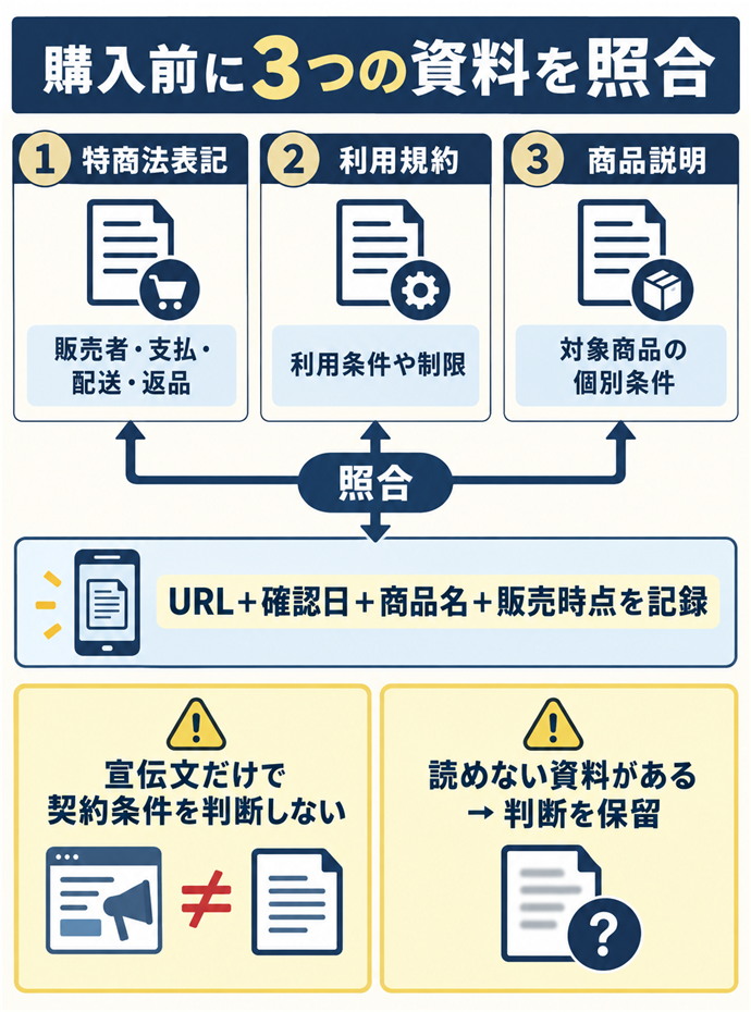 特商法表記・利用規約・商品説明をそろえる。購入前に３つの資料を照合／特商法表記：販売者・支払・配送・返品／利用規約：利用条件や制限／商品説明：対象商品の個別条件／URL＋確認日＋商品名＋販売時点を記録／宣伝文だけで契約条件を判断しない／読めない資料がある → 判断を保留