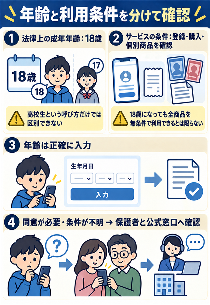 18歳未満かどうかとサービスの条件を分けて読む。年齢と利用条件を分けて確認/法律上の成年年齢:18歳/高校生という呼び方だけでは区別できない/サービスの条件:登録・購入・個別商品を確認/18歳になっても全商品を無条件で利用できるとは限らない/年齢は正確に入力/同意が必要・条件が不明 → 保護者と公式窓口へ確認