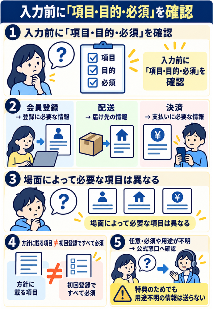 入力する項目と使われる目的を先に読む。入力前に「項目・目的・必須」を確認/会員登録 → 登録に必要な情報/配送 → 届け先の情報/決済 → 支払いに必要な情報/場面によって必要な項目は異なる/方針に載る項目 ≠ 初回登録ですべて必須/任意・必須や用途が不明 → 公式窓口へ確認/特典のためでも用途不明の情報は送らない