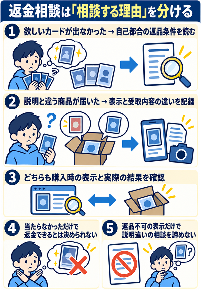 欲しいカードが出なかった場合と商品違いを分ける。返金相談は「相談する理由」を分ける/欲しいカードが出なかった → 自己都合の返品条件を読む/説明と違う商品が届いた → 表示と受取内容の違いを記録/どちらも購入時の表示と実際の結果を確認/当たらなかっただけで返金できるとは決められない/返品不可の表示だけで説明違いの相談を諦めない