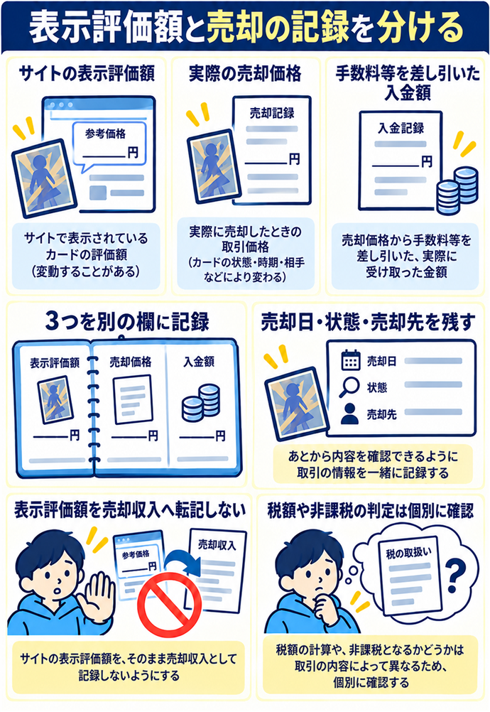 売却代金とカードの表示評価額を分ける。表示評価額と売却の記録を分ける/サイトの表示評価額/実際の売却価格/手数料等を差し引いた入金額/3つを別の欄に記録/売却日・状態・売却先を残す/表示評価額を売却収入へ転記しない/税額や非課税の判定は個別に確認