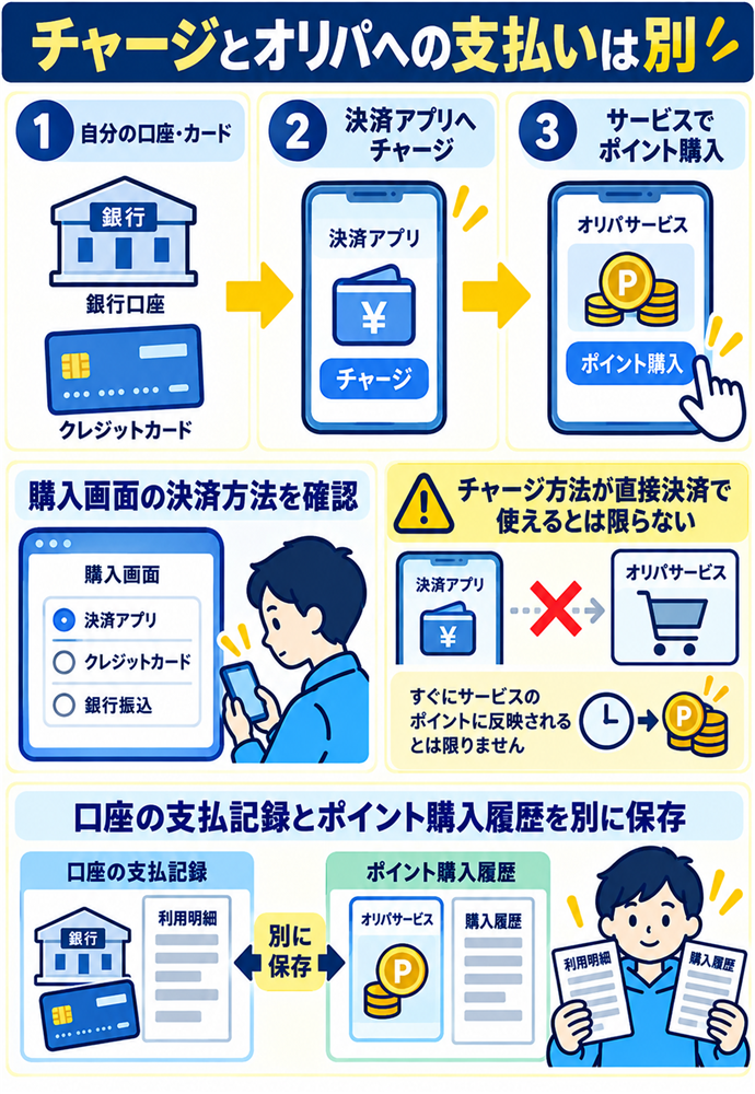サービスへの支払いと間接的なチャージを区別する。チャージとオリパへの支払いは別／自分の口座・カード／決済アプリへチャージ／サービスでポイント購入／購入画面の決済方法を確認／チャージ方法が直接決済で使えるとは限らない／口座の支払記録とポイント購入履歴を別に保存