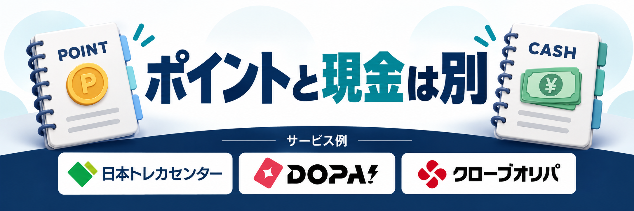 ポイントと現金は別。サービス例として日本トレカセンター・DOPA!・クローブオリパのロゴを掲載した記事解説画像