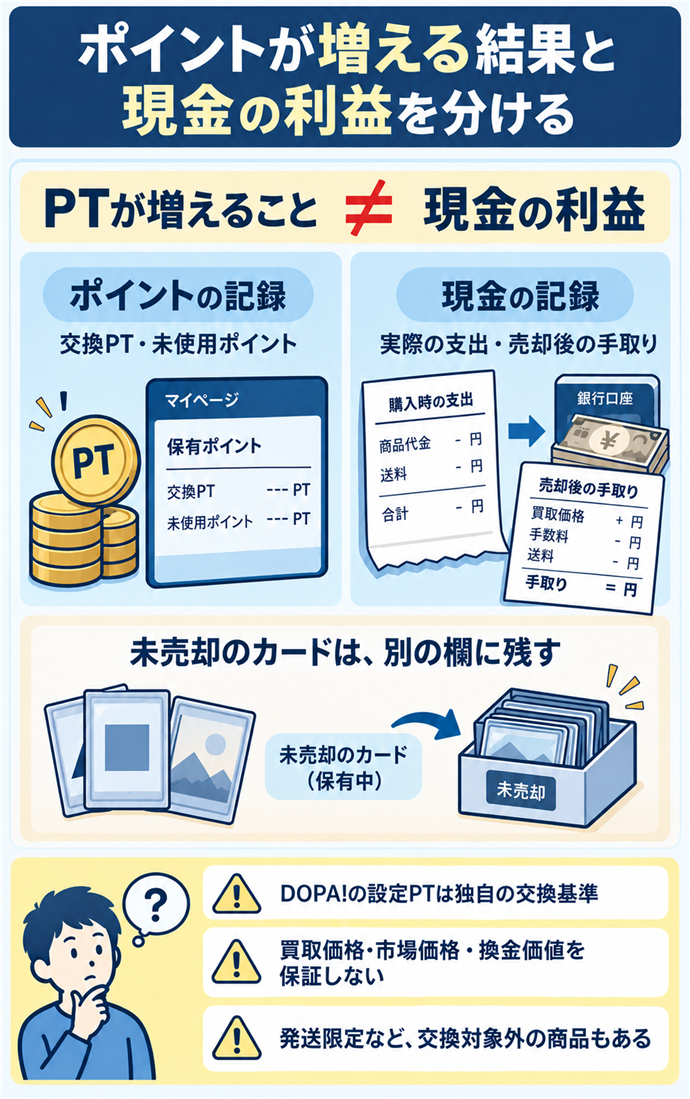 ポイントが増える結果と現金の利益を分ける。PTが増えること ≠ 現金の利益／ポイントの記録／交換PT・未使用ポイント／現金の記録／実際の支出・売却後の手取り／未売却のカードは、別の欄に残す／DOPA!の設定PTは独自の交換基準／買取価格・市場価格・換金価値を保証しない／発送限定など、交換対象外の商品もある。現行N025本文の仕組みを図解。