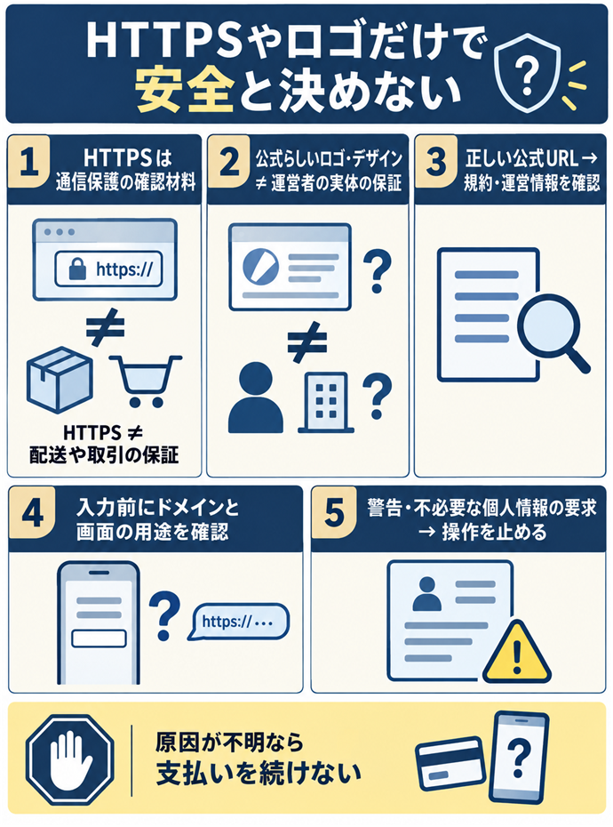 HTTPSやロゴだけで安全と決めない。HTTPSは通信保護の確認材料／HTTPS ≠ 配送や取引の保証／公式らしいロゴ・デザイン ≠ 運営者の実体の保証／正しい公式URL → 規約・運営情報を確認／入力前にドメインと画面の用途を確認／警告・不必要な個人情報の要求 → 操作を止める／原因が不明なら支払いを続けない