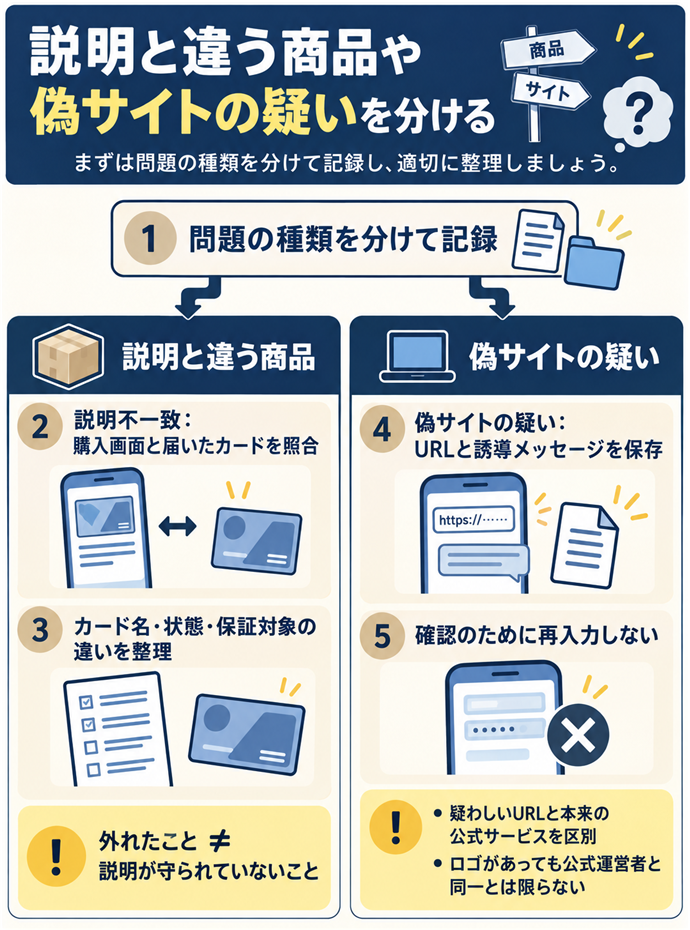 説明と違う商品や偽サイトの疑いを分ける。問題の種類を分けて記録／説明不一致：購入画面と届いたカードを照合／カード名・状態・保証対象の違いを整理／外れたこと ≠ 説明が守られていないこと／偽サイトの疑い：URLと誘導メッセージを保存／確認のために再入力しない／疑わしいURLと本来の公式サービスを区別／ロゴがあっても公式運営者と同一とは限らない