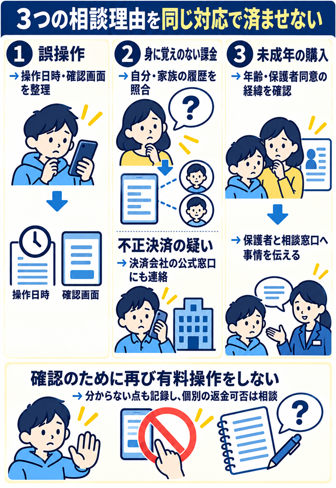 誤操作・身に覚えのない課金・未成年の購入を区別する。3つの相談理由を同じ対応で済ませない/誤操作 → 操作日時・確認画面を整理/身に覚えのない課金 → 自分・家族の履歴を照合/不正決済の疑い → 決済会社の公式窓口にも連絡/未成年の購入 → 年齢・保護者同意の経緯を確認/保護者と相談窓口へ事情を伝える/確認のために再び有料操作をしない/分からない点も記録し、個別の返金可否は相談