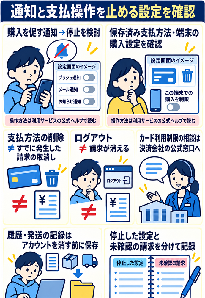 通知と支払操作を止める方法を確認する。通知と支払操作を止める設定を確認／購入を促す通知 → 停止を検討／保存済み支払方法・端末の購入設定を確認／操作方法は利用サービスの公式ヘルプで読む／支払方法の削除 ≠ すでに発生した請求の取消し／ログアウト ≠ 請求が消える／カード利用制限の相談は決済会社の公式窓口へ／履歴・発送の記録はアカウントを消す前に保存／停止した設定と未確認の請求を分けて記録