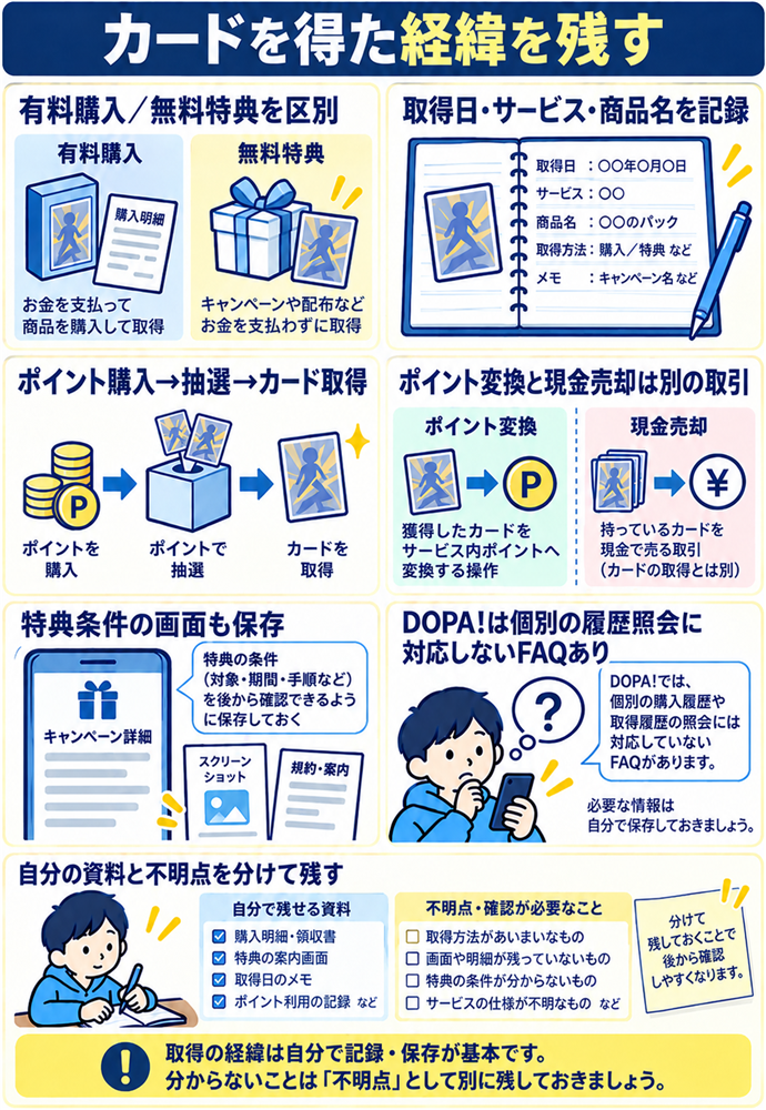 購入・無料特典・ポイント変換の取得経緯を残す。カードを得た経緯を残す/有料購入/無料特典を区別/取得日・サービス・商品名を記録/ポイント購入→抽選→カード取得/ポイント変換と現金売却は別の取引/特典条件の画面も保存/DOPA!は個別の履歴照会に対応しないFAQあり/自分の資料と不明点を分けて残す