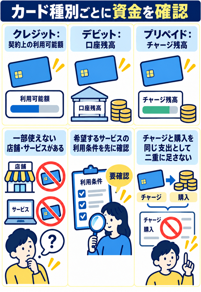 クレジットとデビットとプリペイドの資金を分ける。カード種別ごとに資金を確認/クレジット:契約上の利用可能額/デビット:口座残高/プリペイド:チャージ残高/一部使えない店舗・サービスがある/希望するサービスの利用条件を先に確認/チャージと購入を同じ支出として二重に足さない