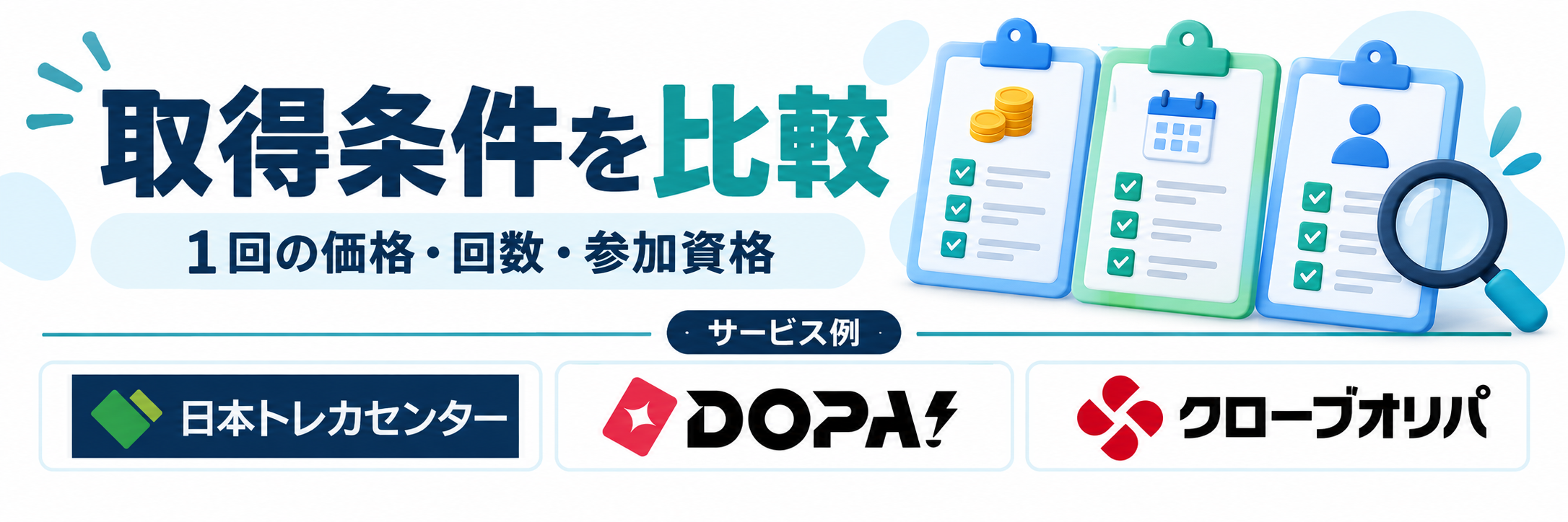 取得条件を比較。サービス例として日本トレカセンター・DOPA!・クローブオリパのロゴを掲載した記事解説画像