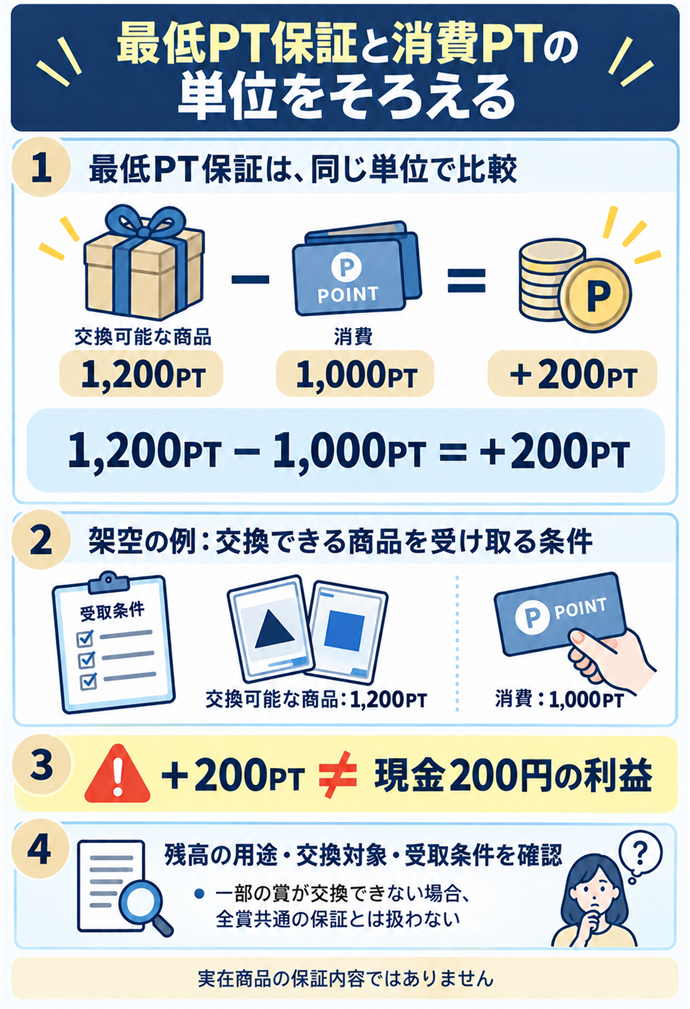 最低PT保証と消費PTの単位をそろえる。最低PT保証は、同じ単位で比較／架空の例：交換できる商品を受け取る条件／交換可能な商品：1,200PT／消費：1,000PT／1,200PT − 1,000PT ＝ ＋200PT／＋200PT ≠ 現金200円の利益／残高の用途・交換対象・受取条件を確認／一部の賞が交換できない場合、全賞共通の保証とは扱わない／実在商品の保証内容ではありません。現行N025本文の仕組みを図解。
