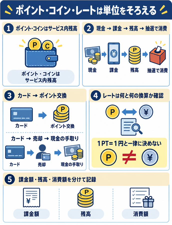 ポイント・コイン・レートは単位をそろえる。ポイント・コインはサービス内残高／現金 → 課金 → 残高 → 抽選で消費／カード → ポイント交換／カード → 売却 → 現金の手取り／レートは何と何の換算か確認／１PT＝１円と一律に決めない／課金額・残高・消費額を分けて記録