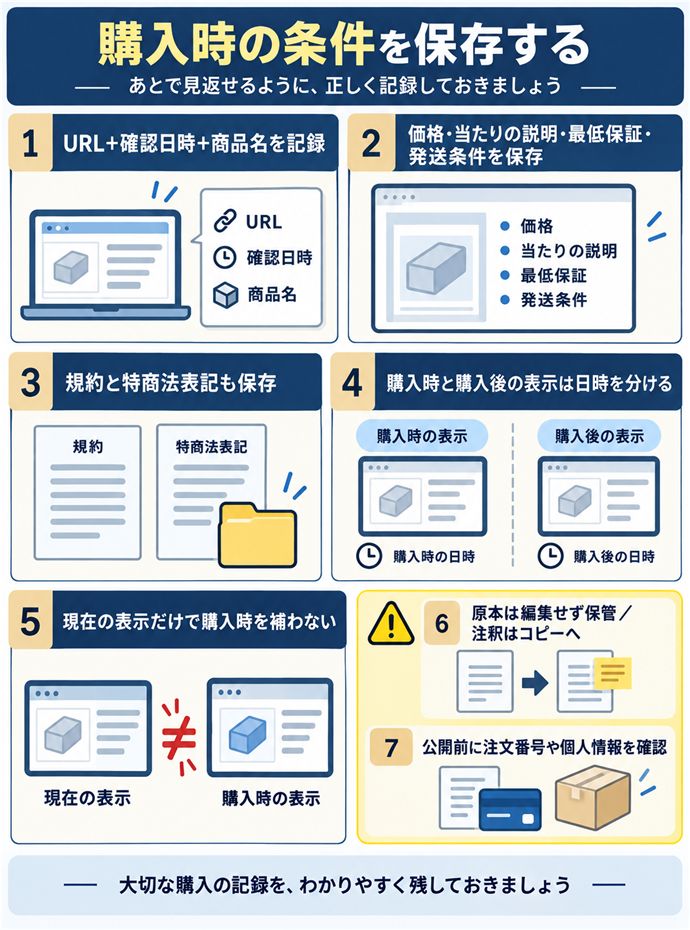 商品説明と規約はURLと日時を添えて保存する。購入時の条件を保存する／URL＋確認日時＋商品名を記録／価格・当たりの説明・最低保証・発送条件を保存／規約と特商法表記も保存／購入時と購入後の表示は日時を分ける／現在の表示だけで購入時を補わない／原本は編集せず保管／注釈はコピーへ／公開前に注文番号や個人情報を確認