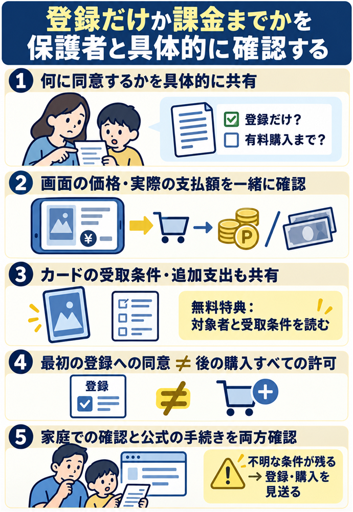登録だけか課金までかを保護者と具体的に確認する。何に同意するかを具体的に共有/登録だけ? 有料購入まで?/画面の価格・実際の支払額を一緒に確認/カードの受取条件・追加支出も共有/無料特典:対象者と受取条件を読む/最初の登録への同意 ≠ 後の購入すべての許可/家庭での確認と公式の手続きを両方確認/不明な条件が残る → 登録・購入を見送る
