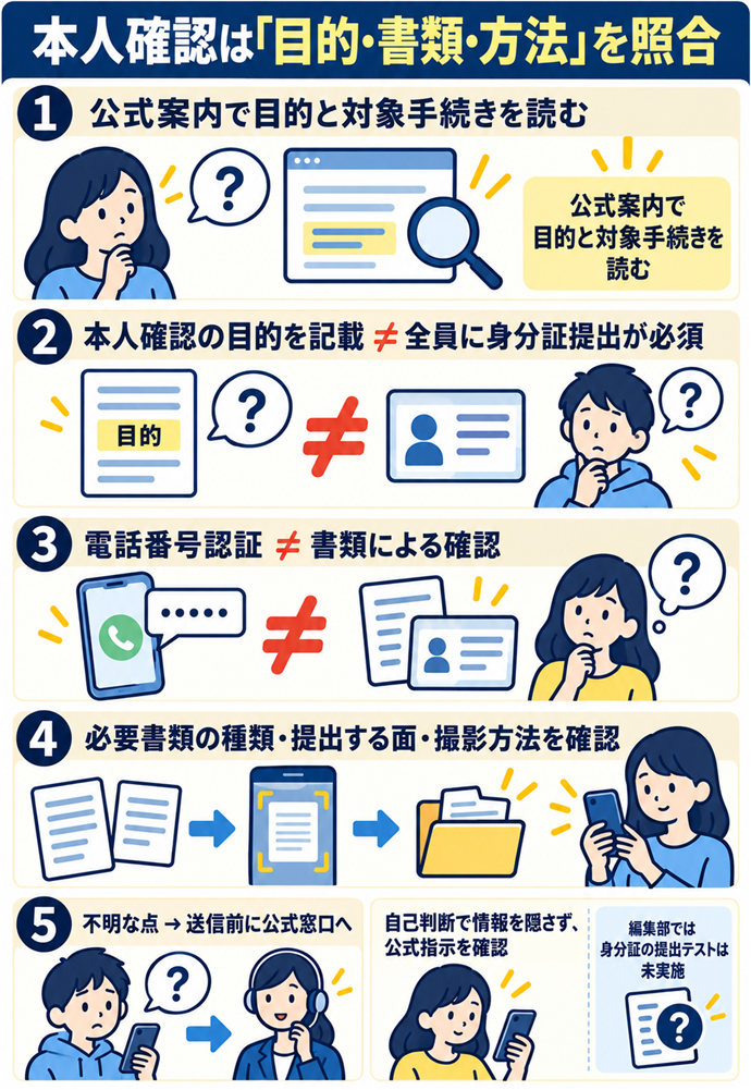 本人確認の目的と必要書類を照合する。本人確認は「目的・書類・方法」を照合/公式案内で目的と対象手続きを読む/本人確認の目的を記載 ≠ 全員に身分証提出が必須/電話番号認証 ≠ 書類による確認/必要書類の種類・提出する面・撮影方法を確認/不明な点 → 送信前に公式窓口へ/自己判断で情報を隠さず、公式指示を確認/編集部では身分証の提出テストは未実施
