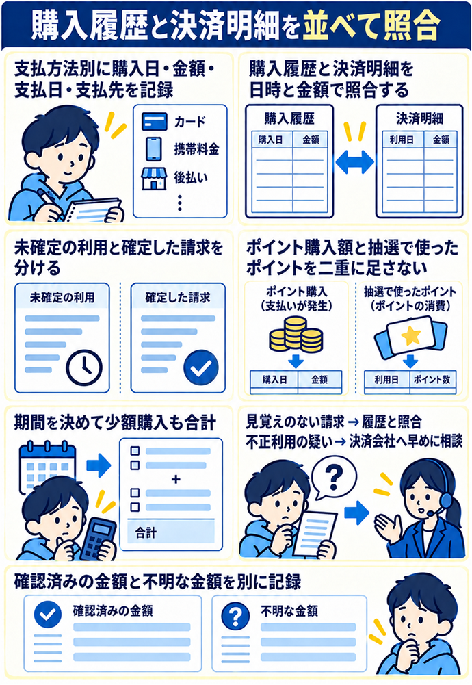 購入履歴と決済明細を日時と金額で照合する。購入履歴と決済明細を並べて照合／支払方法別に購入日・金額・支払日・支払先を記録／未確定の利用と確定した請求を分ける／ポイント購入額と抽選で使ったポイントを二重に足さない／カード・携帯料金・後払いなど使った方法を確認／期間を決めて少額購入も合計／見覚えのない請求 → 履歴と照合／不正利用の疑い → 決済会社へ早めに相談／確認済みの金額と不明な金額を別に記録