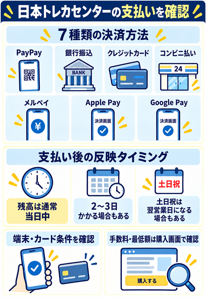日本トレカセンターは７種類の決済名と反映の例外を確認する。日本トレカセンターの支払いを確認／７種類の決済方法／PayPay・銀行振込・クレジットカード／コンビニ払い・メルペイ・Apple Pay・Google Pay／残高は通常当日中／２〜３日かかる場合もある／土日祝は翌営業日になる場合もある／端末・カード条件を確認／手数料・最低額は購入画面で確認