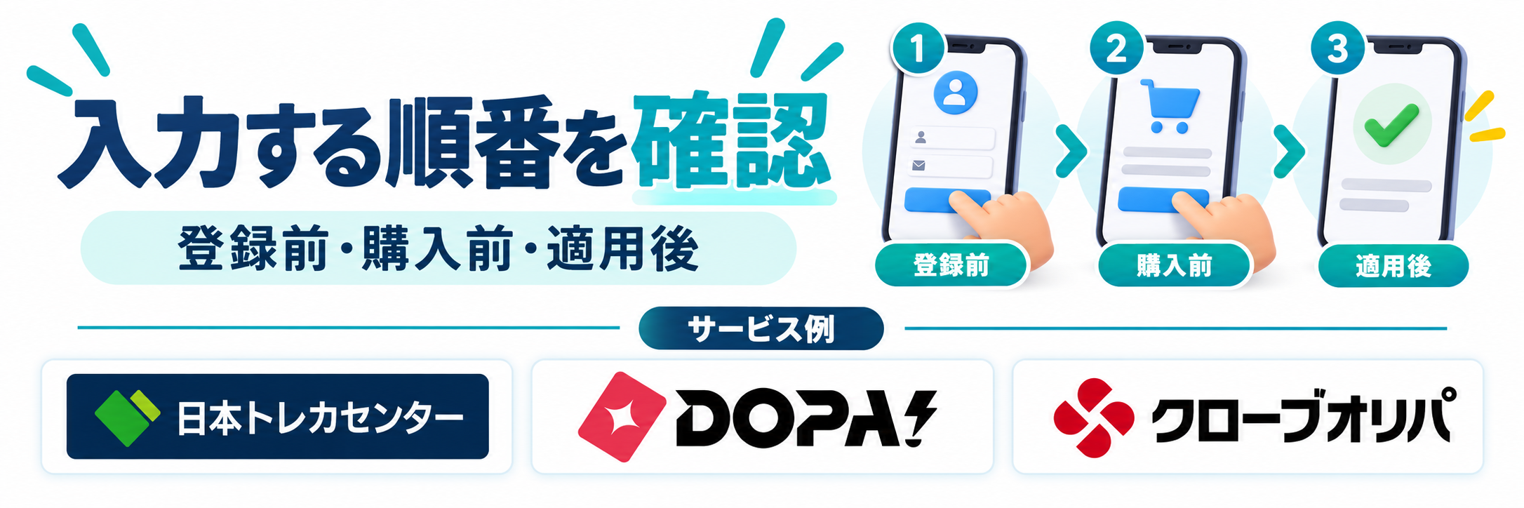 入力する順番を確認。サービス例として日本トレカセンター・DOPA!・クローブオリパのロゴを掲載した記事解説画像
