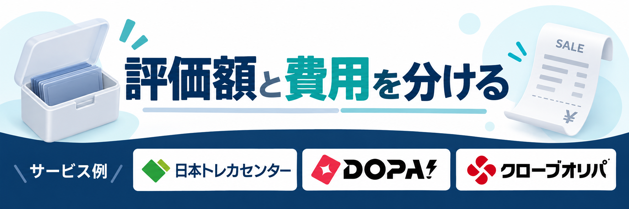評価額と費用を分ける。サービス例として日本トレカセンター・DOPA!・クローブオリパのロゴを掲載した記事解説画像
