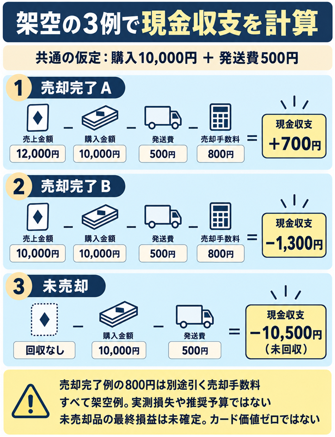 架空の３例で現金収支を計算。架空の３例で現金収支を計算／共通の仮定：購入10,000円 ＋ 発送費500円／売却完了Ａ／12,000円 − 10,000円 − 500円 − 800円 ＝ ＋700円／売却完了Ｂ／10,000円 − 10,000円 − 500円 − 800円 ＝ −1,300円／未売却／回収なし − 10,000円 − 500円 ＝ −10,500円（未回収）／売却完了例の800円は別途引く売却手数料／すべて架空例。実測損失や推奨予算ではない／未売却品の最終損益は未確定。カード価値ゼロではない。現行N022本文の仕組みを図解。