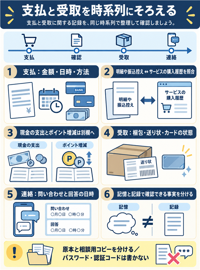 支払と受取の記録を同じ時系列にそろえる。支払と受取を時系列にそろえる／支払：金額・日時・方法／明細や振込控え ↔ サービスの購入履歴を照合／現金の支出とポイント増減は別欄へ／受取：梱包・送り状・カードの状態／連絡：問い合わせと回答の日時／記憶と記録で確認できる事実を分ける／原本と相談用コピーを分ける／パスワード・認証コードは書かない