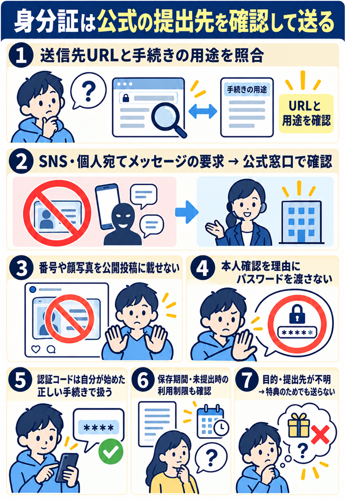 身分証は指定された公式の提出先だけに送る。身分証は公式の提出先を確認して送る/送信先URLと手続きの用途を照合/SNS・個人宛てメッセージの要求 → 公式窓口で確認/番号や顔写真を公開投稿に載せない/本人確認を理由にパスワードを渡さない/認証コードは自分が始めた正しい手続きで扱う/保存期間・未提出時の利用制限も確認/目的・提出先が不明 → 特典のためでも送らない