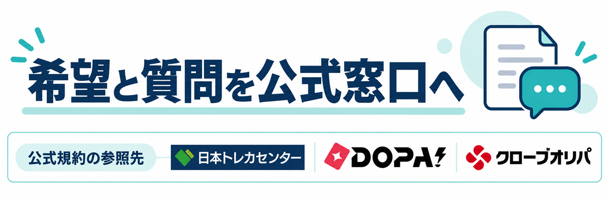 希望と質問を公式窓口へ。公式規約の参照先として日本トレカセンター・DOPA!・クローブオリパのロゴを掲載