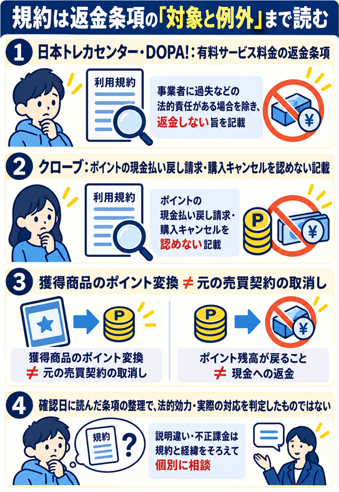 3社の規約では返金条項の対象と例外を読む。規約は返金条項の「対象と例外」まで読む/日本トレカセンター・DOPA!:有料サービス料金の返金条項/事業者に過失などの法的責任がある場合を除き、返金しない旨を記載/クローブ:ポイントの現金払い戻し請求・購入キャンセルを認めない記載/獲得商品のポイント変換 ≠ 元の売買契約の取消し/ポイント残高が戻ること ≠ 現金への返金/確認日に読んだ条項の整理で、法的効力・実際の対応を判定したものではない/説明違い・不正課金は規約と経緯をそろえて個別に相談