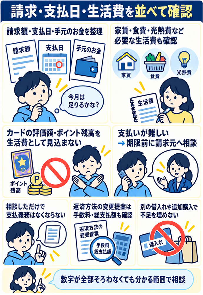 生活費と支払日を確認し不足は早めに相談する。請求・支払日・生活費を並べて確認／請求額・支払日・手元のお金を整理／家賃・食費・光熱費など必要な生活費も確認／カードの評価額・ポイント残高を生活費として見込まない／支払いが難しい → 期限前に請求元へ相談／相談しただけで支払義務はなくならない／返済方法の変更提案は手数料・総支払額も確認／別の借入れや追加購入で不足を埋めない／数字が全部そろわなくても分かる範囲で相談