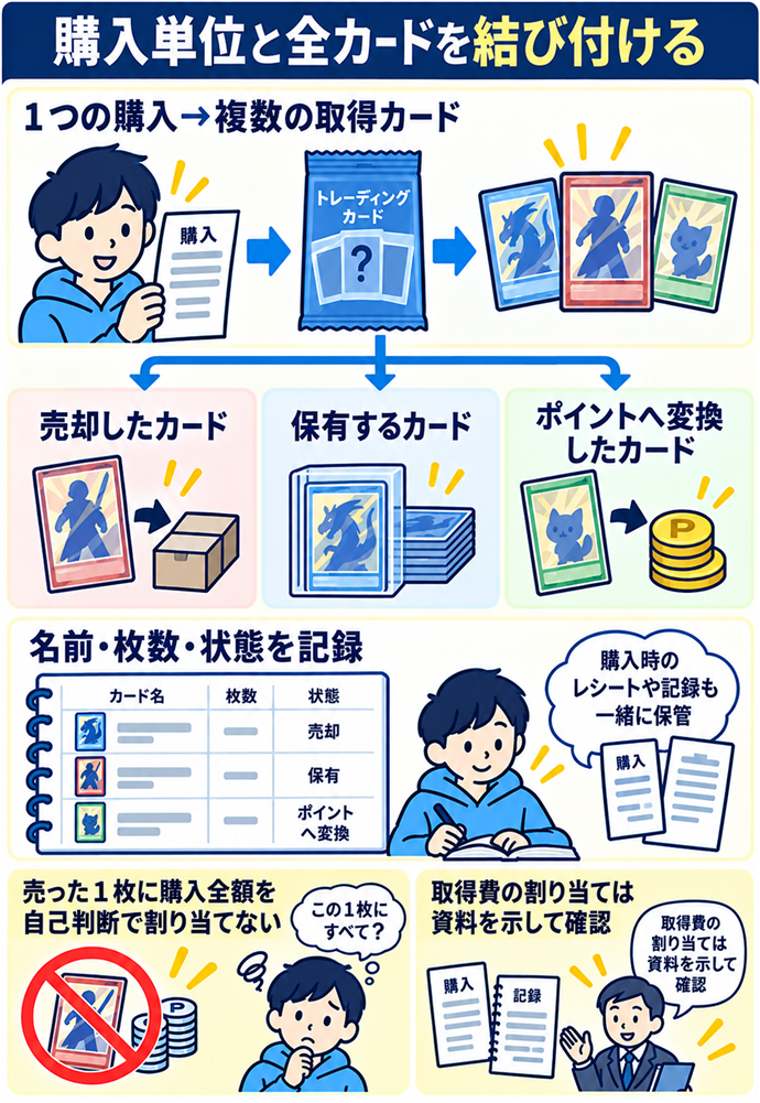 複数枚の購入額を一枚へ自己判断で割り当てない。購入単位と全カードを結び付ける/1つの購入→複数の取得カード/売却したカード/保有するカード/ポイントへ変換したカード/名前・枚数・状態を記録/売った1枚に購入全額を自己判断で割り当てない/取得費の割り当ては資料を示して確認