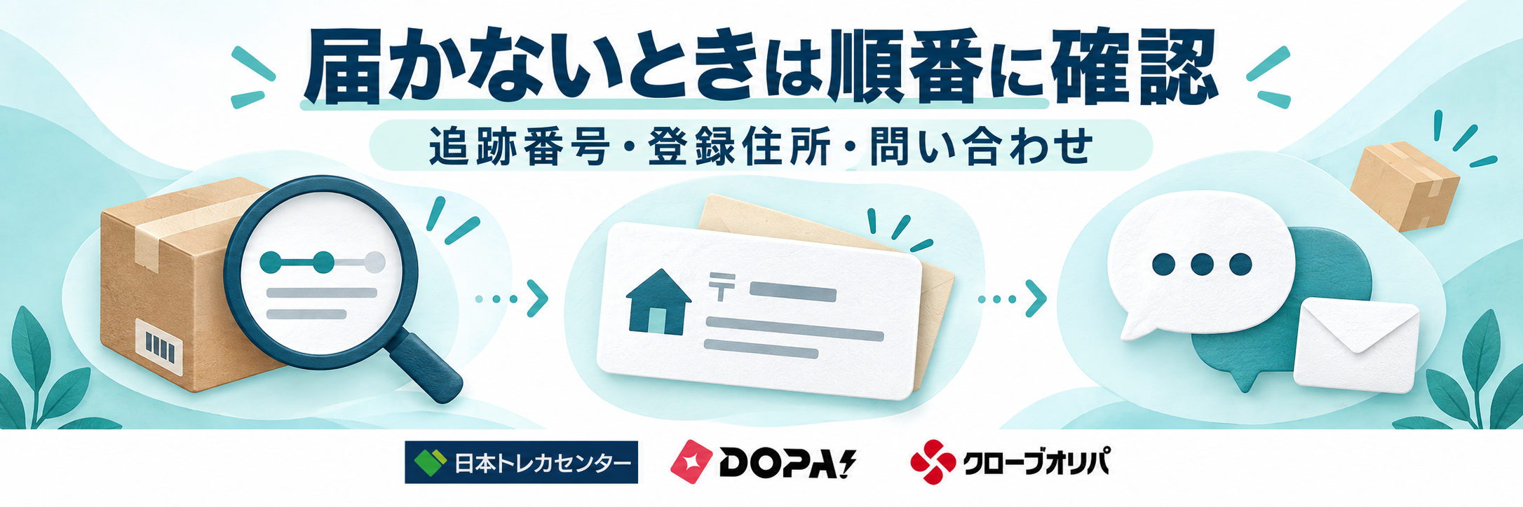届かないときは順番に確認。日本トレカセンター・DOPA!・クローブオリパの公式ロゴを参照した比較記事用画像