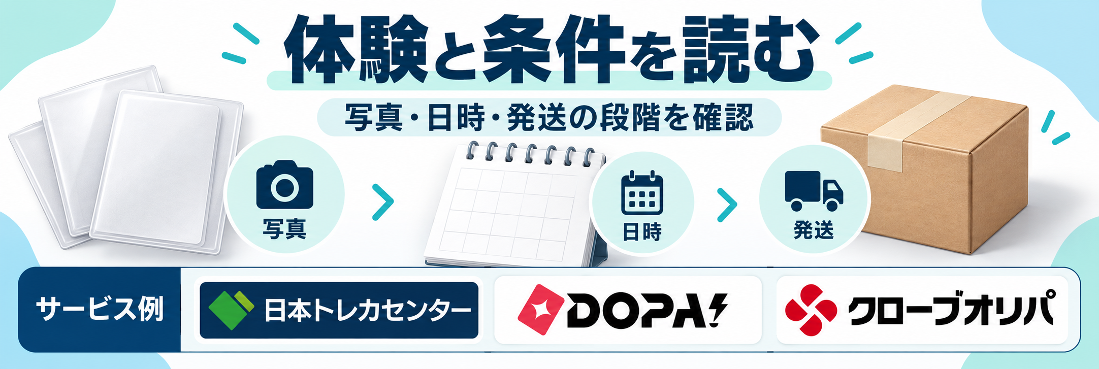 体験と条件を読む。サービス例として日本トレカセンター・DOPA!・クローブオリパのロゴを掲載した記事解説画像