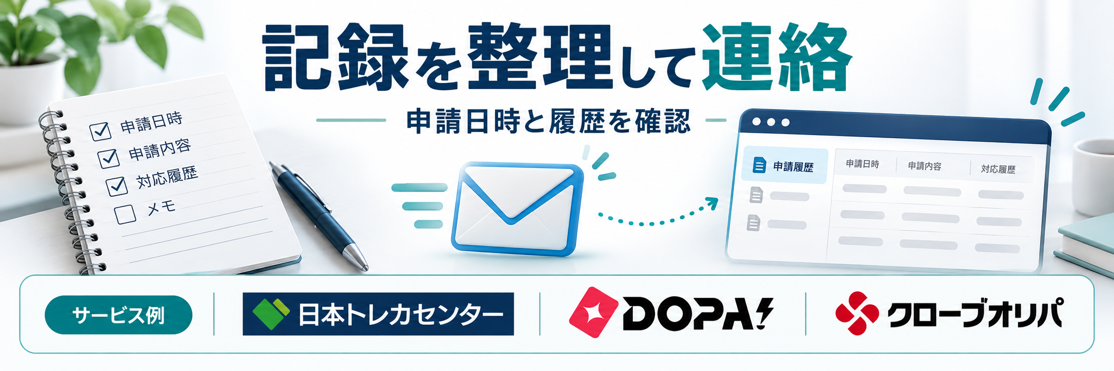 記録を整理して連絡。サービス例として日本トレカセンター・DOPA!・クローブオリパのロゴを掲載した記事解説画像