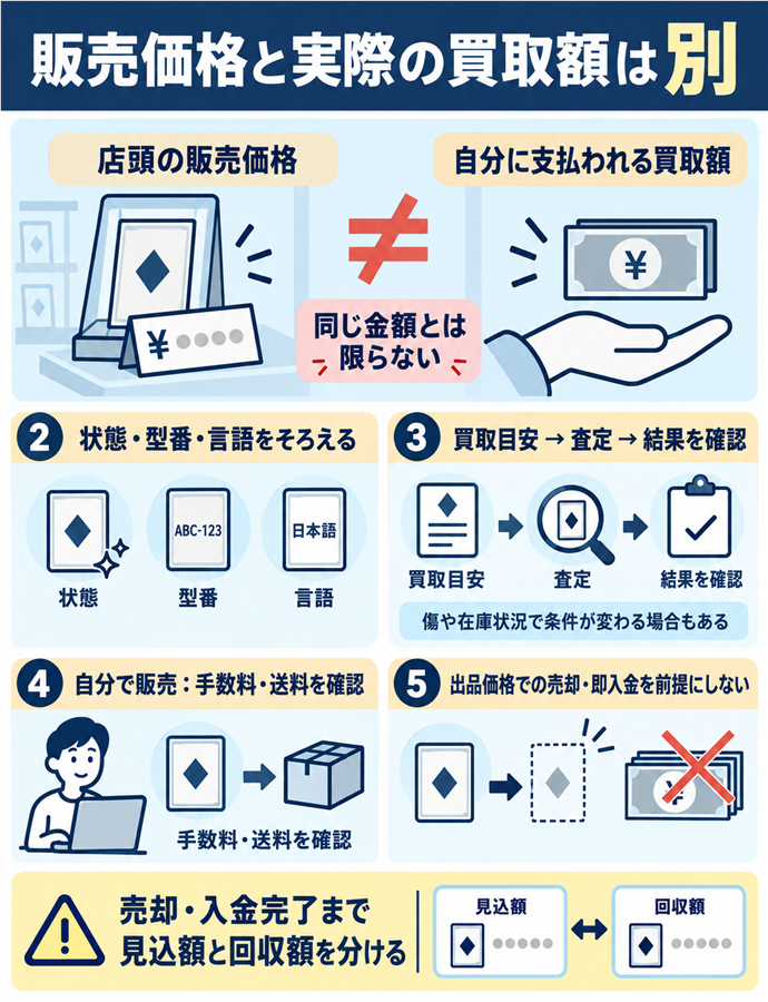 販売価格と実際の買取額は別。販売価格と実際の買取額は別／店頭の販売価格／自分に支払われる買取額／同じ金額とは限らない／状態・型番・言語をそろえる／買取目安 → 査定 → 結果を確認／傷や在庫状況で条件が変わる場合もある／自分で販売：手数料・送料を確認／出品価格での売却・即入金を前提にしない／売却・入金完了まで見込額と回収額を分ける。現行N022本文の仕組みを図解。
