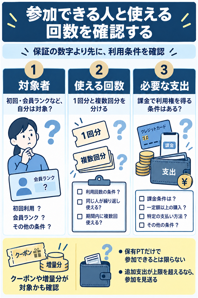 参加できる人と使える回数を確認する。保証の数字より先に、利用条件を確認／対象者／初回・会員ランクなど、自分は対象？／使える回数／1回分と複数回分を分ける／必要な支出／課金で利用権を得る条件はある？／クーポンや増量分が対象かも確認／保有PTだけで参加できるとは限らない／追加支出が上限を超えるなら、参加を見送る。現行N025本文の仕組みを図解。